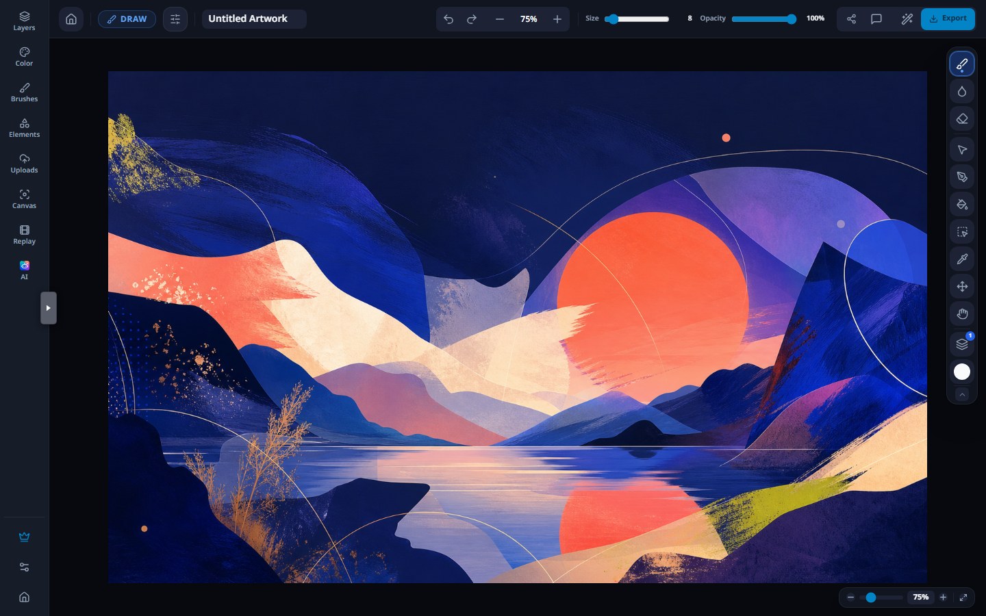 Actual Lenout Drawing editor with illustration, brushes, color controls and layers.